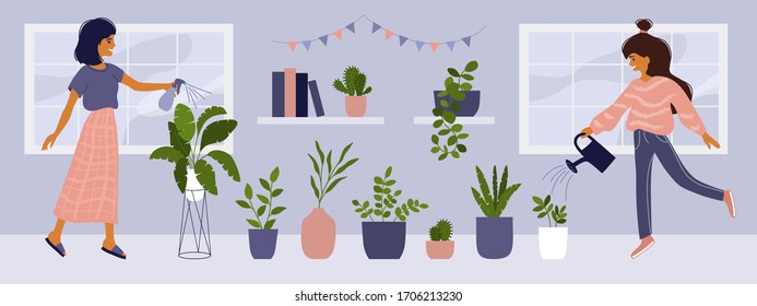 Care of houseplants, home gardening, urban jungle. Cute smiling girls with watering can caring of home garden, spraying leaves. Collection of potted plants. Vector illustration of cozy interior, decor