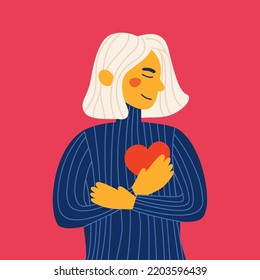 Care, humanity, selfhelp and peace concept. Woman with hand on kind heart, feeling self love, bliss, harmony, positive emotion. Colored flat vector illustration. Happy calm peaceful girl volunteer.