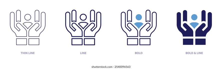 Icono de cuidado en 4 estilos diferentes. Línea delgada, línea, negrita y línea negrita. Estilo duotono. Trazo editable.