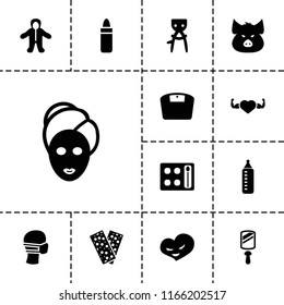 Care icon. collection of 13 care filled icons such as pig, baby bottle, hair removal, lipstick, eyeshadow palette, spa mask. editable care icons for web and mobile.