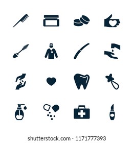 Care icon. collection of 16 care filled icons such as comb, mascara, hair barrette, gardening knife, first aid kit, soap, heart, pill. editable care icons for web and mobile.