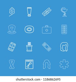 Care icon. collection of 16 care outline icons such as soap, cream tube, hairstyle, sawing, towels, x ray, drop counter, medical pills. editable care icons for web and mobile.