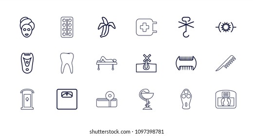 Care icon. collection of 18 care outline icons such as comb, no hair in skin, spa mask, electric razor, floor scales, pressure, banana. editable care icons for web and mobile.