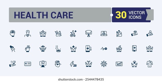 Coleção de ícones de cuidados. Contém relacionados com fralda, pele, cuidado, tapete, saúde, anti e muito mais. Ícone linear fino minimalista. Traçado editável.