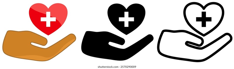 care icon, hand with heart and plus sign, simple flat style, logo sign symbol vector illustration pictogram, isolated on white for mobile app