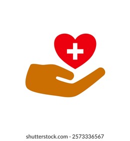 care icon, hand with heart and plus sign, simple flat style, logo sign symbol vector illustration pictogram, isolated on white for mobile app