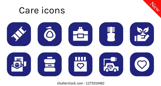  care icon set. 10 filled care icons. Simple modern icons about  - Stretcher, Urinal, Perfume, Floss, Planting, Peace, Mouthwash, Drug, Electric car, Love