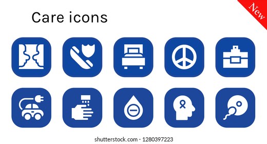  care icon set. 10 filled care icons. Simple modern icons about  - Psychology, Insurance, Bed, Peace, Perfume, Electric car, WASHING HANDS, Blood, Hope, Fertilization