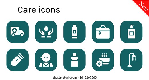 care icon set. 10 filled care icons.  Simple modern icons such as: Ambulance, Blood donation, Toothpaste, Cosmetics, Soap, Electric razor, Psychologist, Eye dropper, Bowl, Shower