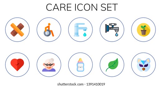 care icon set. 10 flat care icons.  Collection Of - clave, heart, disabled, grandmother, faucet, feeding bottle, leaf, plant, mask