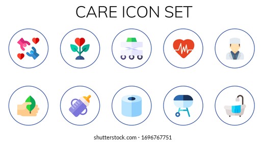 care icon set. 10 flat care icons.  Simple modern icons such as: love, leaf, plant, feeding bottle, walker, tissue, cardiogram, charcoal, doctor, bathtub