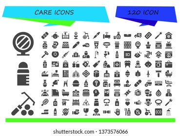 care icon set. 120 filled care icons.  Simple modern icons about  - Mirror, Rake, Feeder, Bandage, Baby boy, Cradle, Peace, Wheelchair, Pipette, Faucet, Syrup, Bed, Ambulance
