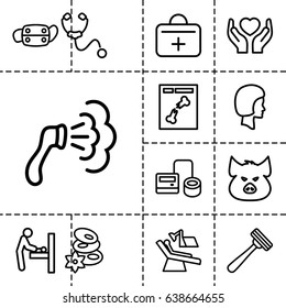 Care icon. set of 13 outline careicons such as baby changing room, pig, razor, spa stones, shower, blod pressure tool, x ray, hands holding heart, first aid kit, stethoscope