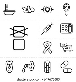 Care icon. set of 13 outline careicons such as shower, baby, mirror, eyeshadow palette, hair curler, electric razor, syringe, pill, cargo only in box allowed, hospital, ribbon