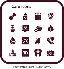  care icon set. 16 filled care icons. Simple modern icons about  - Bone, Eye dropper, Toilet paper, Humanitarian, Plant, Medical, Bowl, Leaf, Blood, Record, Stroller, Insurance