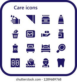  care icon set. 16 filled care icons. Simple modern icons about  - Wash, Napkin, Medicine, Ointment, Removed, Electrocardiogram, Mouthwash, Bed, Hand mirror, Help, Checker, Tooth