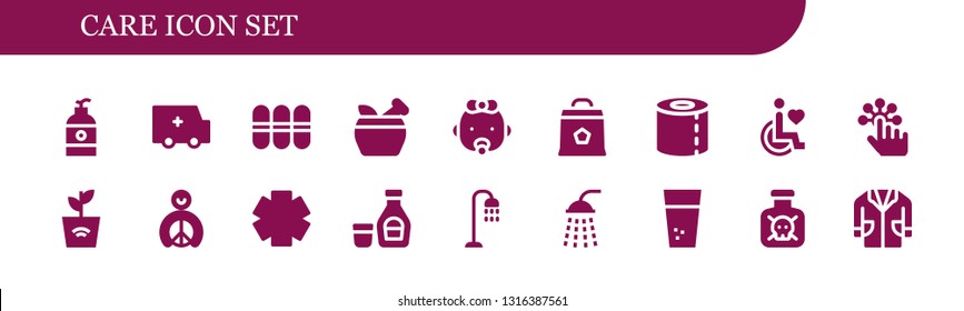 care icon set. 18 filled care icons.  Collection Of - Soap, Ambulance, Pills, Mortar, Baby, Charcoal, Toilet paper, Disability, Tap, Plant, Peace, Clinic, Syrup, Shower, Water