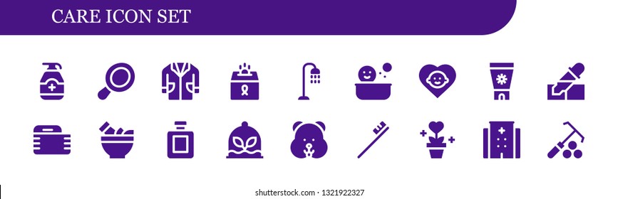 Care Icon Set. 18 Filled Care Icons.  Simple Modern Icons About  - Gel, Hand Mirror, Lab Coat, Donation, Shower, Baby, Sun Cream, Pipette, Gauze, Mortar, Fragance, Plant, Hamster