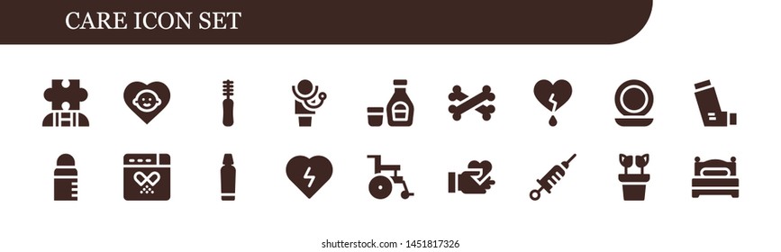 care icon set. 18 filled care icons.  Collection Of - Autism, Baby, Floss, Doctor, Syrup, Bones, Heart, Mirror, Inhaler, Feeder, Drug, Toothpaste, Defibrillator, Wheelchair, Give love