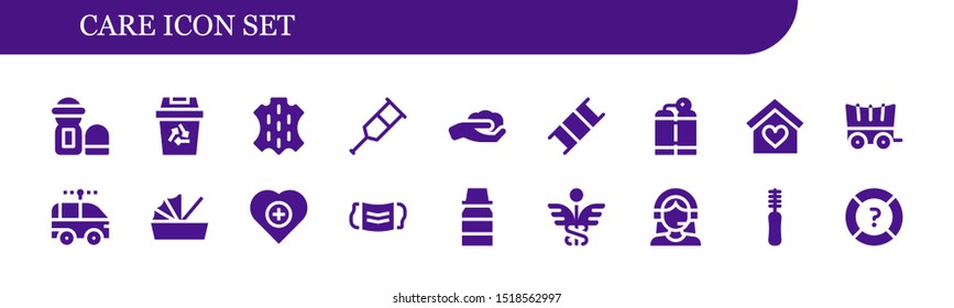 care icon set. 18 filled care icons.  Simple modern icons about  - Deodorant, Recycling, Skin, Crutch, Gardening, Stretcher, Oxygen tank, Insurance, Carriage, Electric car, Cradle
