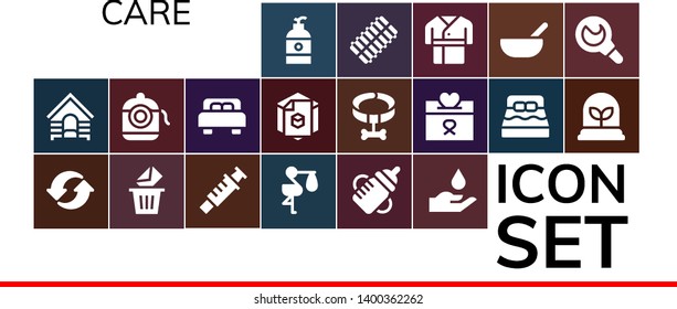 care icon set. 19 filled care icons.  Simple modern icons about  - Soap, Dog, Recycle, Removed, Syringe, Stork, Feeding bottle, Blood, Dental floss, Bed, d, Collar, Donation, Plant