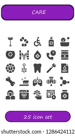  care icon set. 25 filled care icons. Simple modern icons about  - Rake, Pills, Disability, Soap, Shower, Breast, Family, Blood, Support, Drug, Help, Belly piercing, Tooth, Makeup