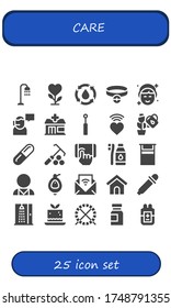 conjunto de iconos de cuidado. 25 iconos de cuidado relleno.  Iconos modernos sencillos como: Ducha, Planta, Agua, Collar, Maquillaje, Soporte, Farmacia, Espejo, Amor, Píldora, Tapón, Cepillo Didentario, Cama, Psicólogo