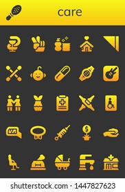 care icon set. 26 filled care icons.  Simple modern icons about  - Pharmacy, Comb, Peace, Wash, Shelter, Napkin, Cotton swab, Baby boy, Pill, Belt, Garage band, Solidarity, Plant
