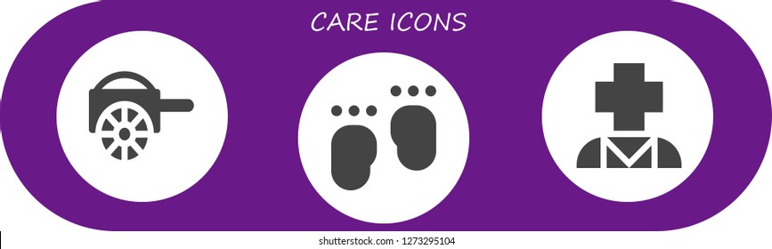  care icon set. 3 filled care icons. Simple modern icons about  - Carriage, Feet, Psychology