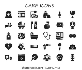  care icon set. 30 filled care icons. Simple modern icons about  - Plant, d, Electric car, Foam, Syringe, Fragile, Medicine, Stroller, Toothbrush, WASHING HANDS, Disabled, Peace