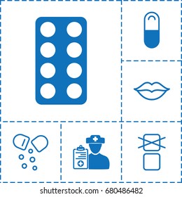 Care icon. set of 6 care filled and outline icons such as pill, doctor prescription, cargo only in box allowed