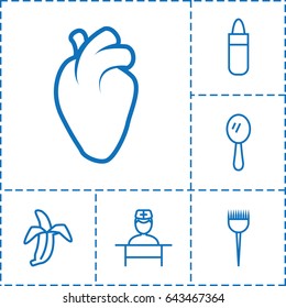 Care icon. set of 6 care outline icons such as barber brush, mirror, lipstick, heart organ, banana