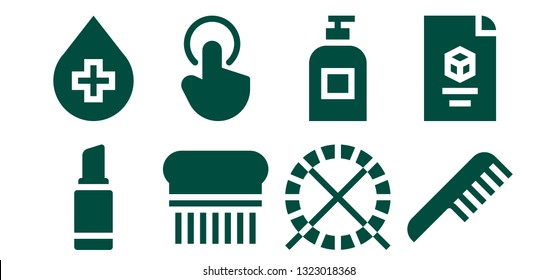 care icon set. 8 filled care icons.  Collection Of - Lipstick, Blood, Flea, Tap, Hamster ball, Soap, Comb, d