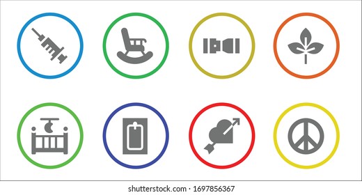 care icon set. 8 filled care icons. Included Blood, Cradle, Retirement, Bath, Seat belt, Heart, Leaf, Peace icons