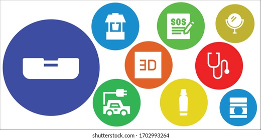 care icon set. 9 filled care icons. Included Bed, Well, Support, Electric car, Toothpaste, d, Stethoscope, Mirror, Baby food icons