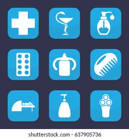 Care icon. set of 9 filled care icons such as baby bottle, comb, electric razor, soap, pill, medical cross, mri