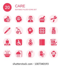 care icon set. Collection of 20 filled care icons included Leaf, Peace, Dentist, Baby food, Pruning shears, Eyedropper, Wheelchair, Pills, Medicine, Psychologist, Disability, Remedy