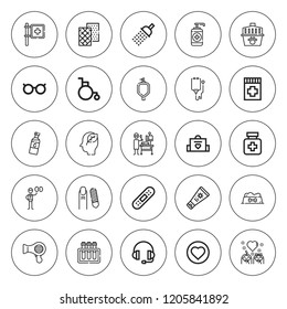 Care icon set. collection of 25 outline care icons with antiseptic, baby bag, bandage, cage, blood donation, bath, dog food, eyeglasses, drug, hospital icons. editable icons.