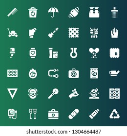 care icon set. Collection of 36 filled care icons included Recycling, Toothpaste, Bandage, Medical, Crutches, Blood transfusion, Pills, Grandmother, WASHING HANDS, Cutter, Grandfather