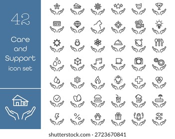 Conjunto de iconos de cuidado con las manos sosteniendo símbolos de salud, cuidado, protección y servicios. Iconos de línea limpios para caridad, Asistencia, bienestar, ayuda social y diseño moderno de interfaz de usuario. Ilustración vectorial