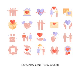 Care icon set with hearts showing friendship, love, medical health with people and hands on white, colored vector illustration