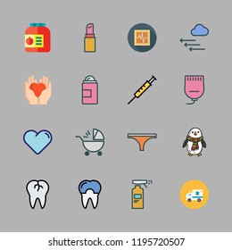 care icon set. vector set about lipstick, panties, syringe and tooth icons set.