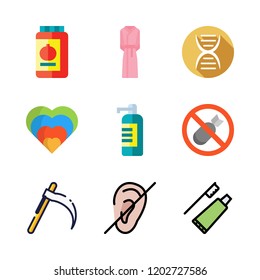 care icon set. vector set about bombs, deaf, toothbrush and bathrobe icons set.