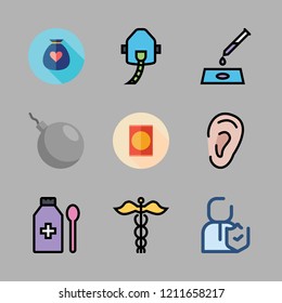 care icon set. vector set about sample, products, bomb and donation icons set.