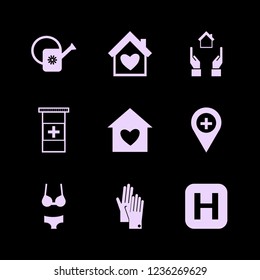 care icon. care vector icons set house heart, woman underwear, gloves and hospital location