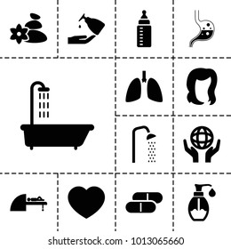 Care icons. set of 13 editable filled care icons such as shower, hairstyle, soap, holding globe, heart, mri, baby bottle, spa stones, liquid soap, lungs, pill