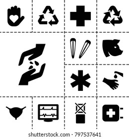 Care icons. set of 13 editable filled care icons such as pig, hair barrette, heart on hand, heartbeat, bladder, medical sign, hands washing, medical cross, recycle