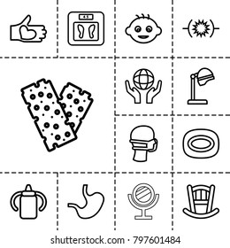 Care icons. set of 13 editable outline care icons such as baby, baby bottle, baby bed, salon hair dryer, floor scales, soap, medical mask, bandage, pressure, holding globe