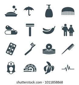 Care icons. set of 16 editable filled care icons such as comb, razor, toothbrush, banana, soap, couple with newborn, nurse, keep dry cargo, medical pills, heartbeat, mri