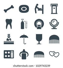 Care icons. set of 16 editable filled care icons such as baby changing room, door with heart, soap, mirror, comb, eyeshadow palette, fragile cargo, baby bottle, bone